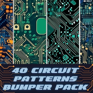 May include: A digital artwork featuring four circuit board designs in blue, green, and orange. The text "40 CIRCUIT PATTERNS BUMPER PACK" is displayed in a stylized font at the bottom, with an orange circuit board design.