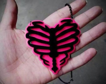 Skeleton Heart Necklace, Black and Pink Acrylic