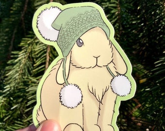 Holland Lop Hat Bunny / Winter Rabbit / Christmas Bun / Green Beanie Bunny / Mini Lop Holiday / Silly Cute Sticker / Lopped Ear Bunny