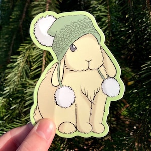 Holland Lop Hat Bunny / Winter Rabbit / Christmas Bun / Green Beanie Bunny / Mini Lop Holiday / Silly Cute Sticker / Lopped Ear Bunny