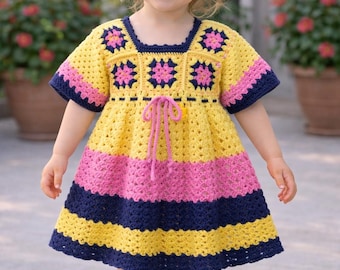 Vestido cuadrado de ganchillo hecho a mano para niñas, vestido de verano de algodón para la playa.