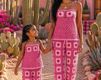 Mommy and Me Outfits , Colorful Retro  Matching Outfits, Mother Daughter Hippie  Crochet Top and Pants, Summer Clothing Toddles Pants Gifts