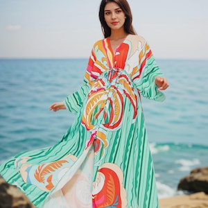 Roupão de verão longo, roupão boho, quimono, corte solto, vestido de lazer, roupa de resort feminina