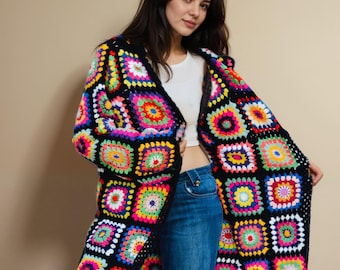 Coat for Women Boho Clothing Womens Crochet Granny Square Cardigan Jacket Unique Handmade Gift for Girlfriend Oversize Coat
