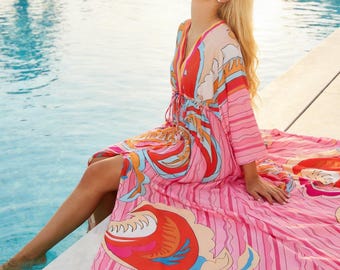 Bohemian Beach Kaftan Dress Flowy Resort Cover Up with Tropical Print Lightweight super soft fabric for Summer Style