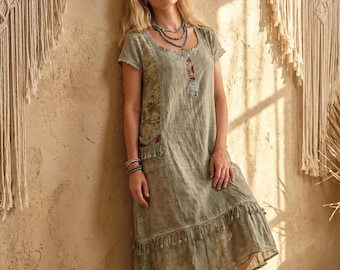 Vestido de algodón para mujer – Vestido playero de lavado natural – Vestido de verano hecho a mano con encaje y bordados – Vestido bohemio ecológico