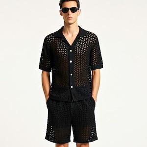2 Piece Men&#39;s Festival Shirts and  Shorts, Summer Beach Set for Man, Men&#39;s Rave set Outfit, Fishnet Style Male Festival Wear