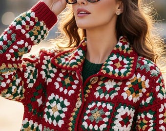 Unique Christmas Gift For Her Ugly Crochet  Sweater Anniversary gift for Women Hand Knit Red Cardigan New Years Gift for Daughter