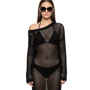Handmade Crochet Fishnet Dress Cover Up See Through Cotton Beach Dress Black Mesh Boho Summer Dress – Short, Midi, or Long