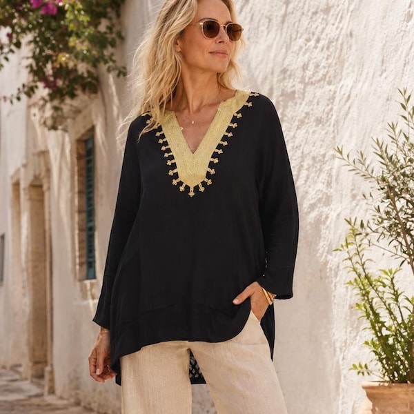 Women's Black  Cotton Top, Bohemian Ethnic  Long Sleeve Blouse (Blue, Black, White), Autumn Shirt