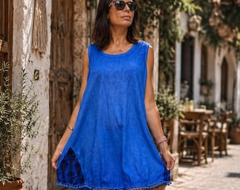 Conjunto de 2 piezas: vestido midi bohemio de algodón con bolsillos, vestido de verano sin mangas, vestido de playa de corte relajado, vestido de verano de algodón lavado.