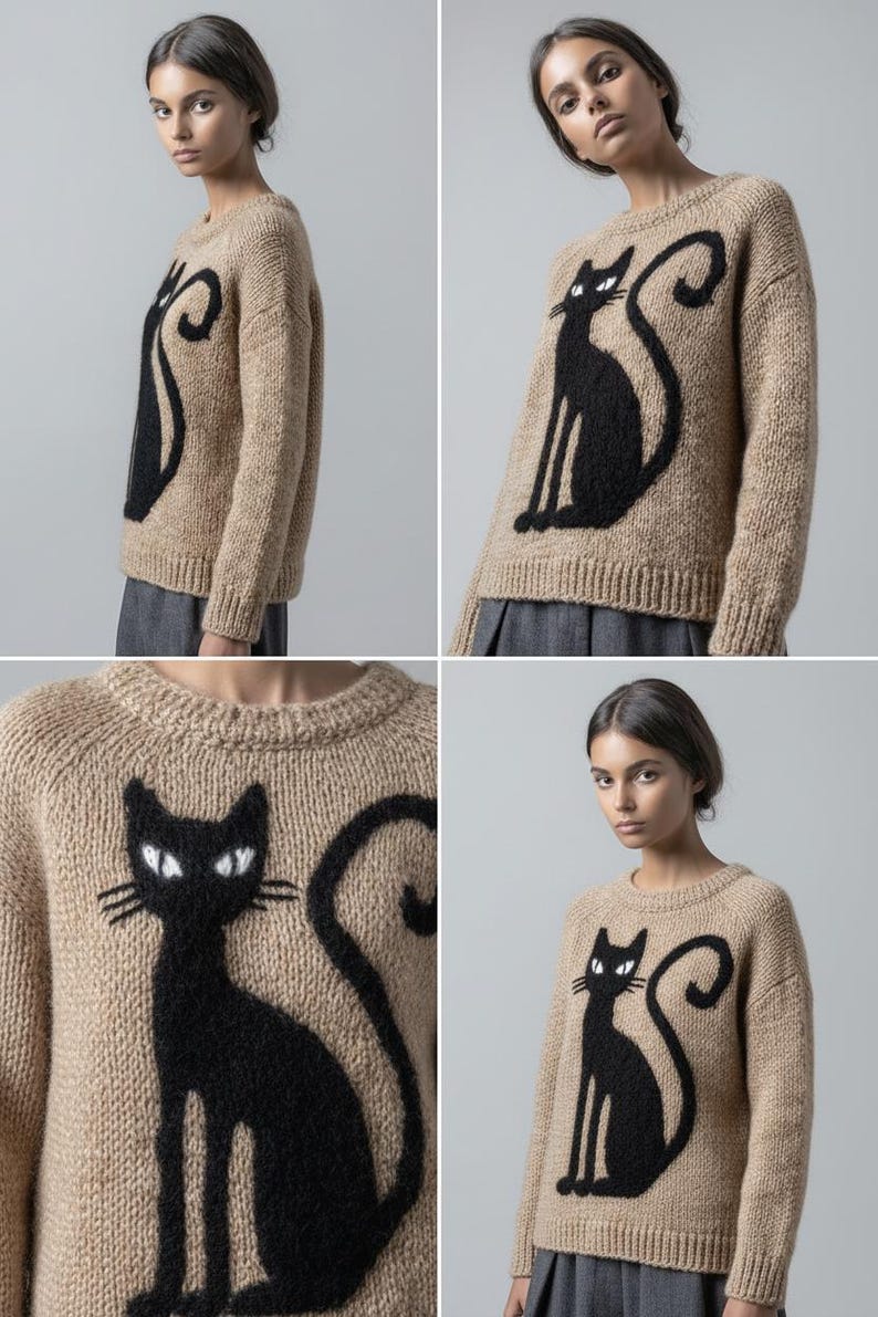May include: A tan-colored sweater featuring a large black cat design. The cat is depicted in a sitting pose with a curved tail. The sweater has a crew neck and long sleeves, suitable for cooler weather.