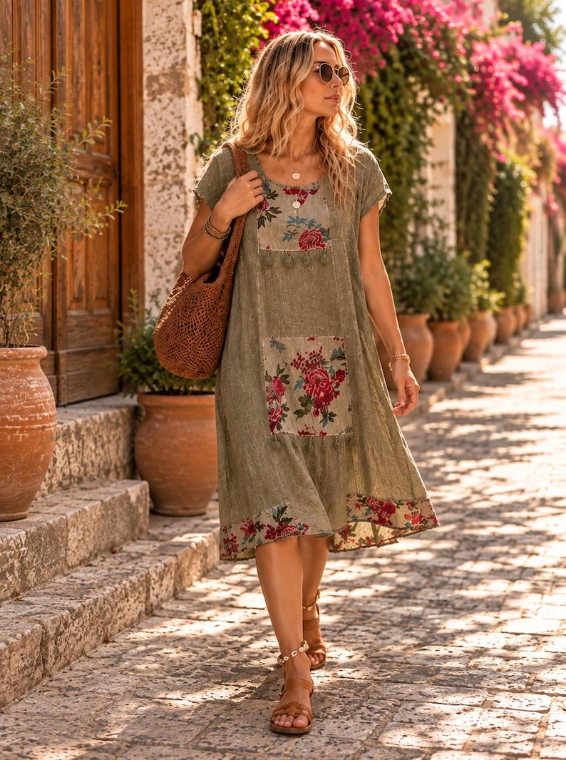 May include: A knee-length olive green dress featuring short sleeves, a round neckline, and floral patterned panels on the chest, a large front pocket, and the hem. The dress is paired with a brown woven shoulder bag and brown strappy sandals.