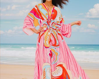 Bohemian Beach Kaftan Dress Flowy Resort Cover Up with Tropical Print Lightweight super soft fabric for Summer Style