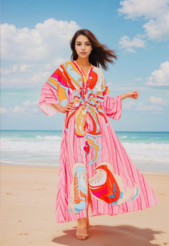 Bohemian Beach Kaftan Dress Flowy Resort Cover up With Tropical Print  Lightweight Super Soft Fabric for Summer Style - Etsy
