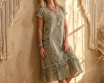 Vestido de verano bohemio de algodón crudo – Vestido de playa de algodón lavado natural – Túnica de verano hecha a mano con encaje y bordados – Vestido ecológico bohemio