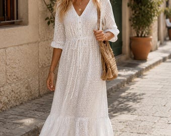 Französische Baumwolle Ösen Maxi Kleid Gefüttert Weiß Sommer Kleid Boho Resort Kleid