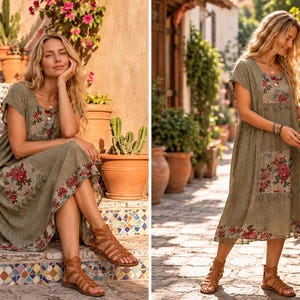 May include: A midi-length olive green dress featuring short sleeves, a scoop neckline, and floral patterned panels on the chest, pockets, and hem. The dress is paired with brown strappy gladiator sandals and a woven brown handbag.