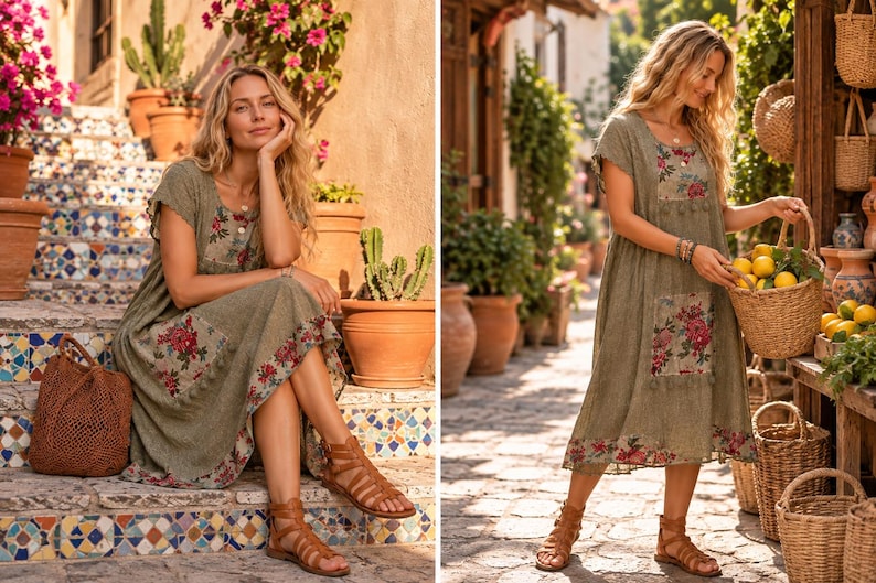 May include: A midi-length olive green dress featuring short sleeves, a scoop neckline, and floral patterned panels on the chest, pockets, and hem. The dress is paired with brown strappy gladiator sandals and a woven brown handbag.