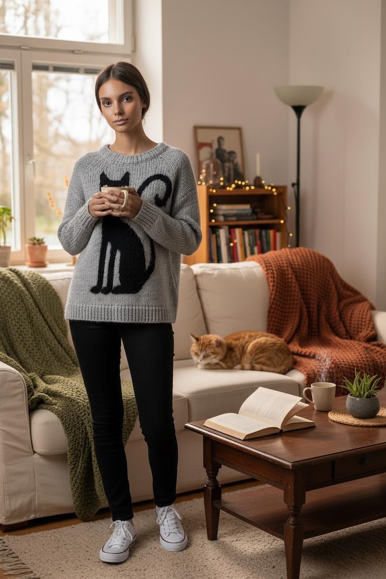 May include: A gray sweater with a black cat design. The sweater is worn with black pants and white sneakers. A woman is holding a white mug. A cat is on the couch in the background.