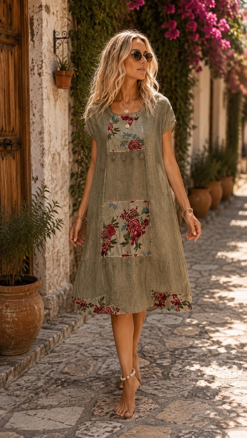 Puede incluir: Un vestido color verde oliva hasta la rodilla con mangas cortas y cuello redondo. La prenda presenta paneles rectangulares con un estampado floral en tonos rojo, blanco y azul, junto con un borde floral a juego en el dobladillo inferior.