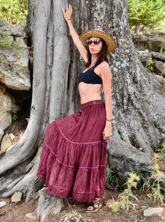 Saia longa boho bordô feminina saia de algodão saia de verão saia