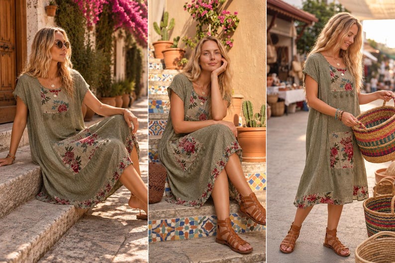 May include: A sage green midi dress featuring short sleeves, a scoop neckline, and a loose silhouette. The garment is accented with floral patterned fabric panels on the chest and a large patch pocket, finished with a matching floral border at the hem.