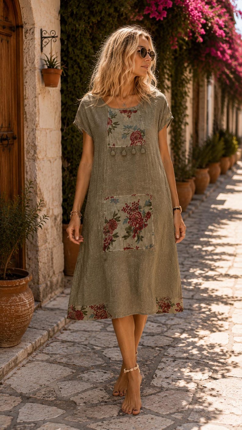 Puede incluir: Un vestido midi de color verde salvia con mangas cortas, cuello redondo y silueta holgada. La prenda presenta paneles rectangulares en el pecho y la cadera, decorados con un estampado floral en tonos rojos, blancos y verdes.