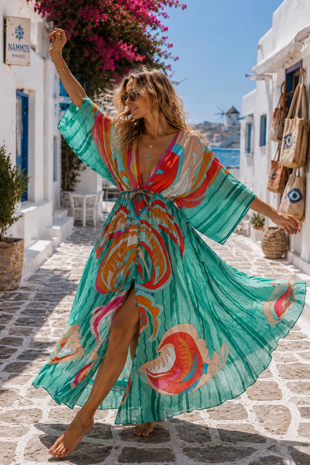 tropical bohemian dress Boho Beach Kaftan - Flowy Maxi Cover Up with Print casual