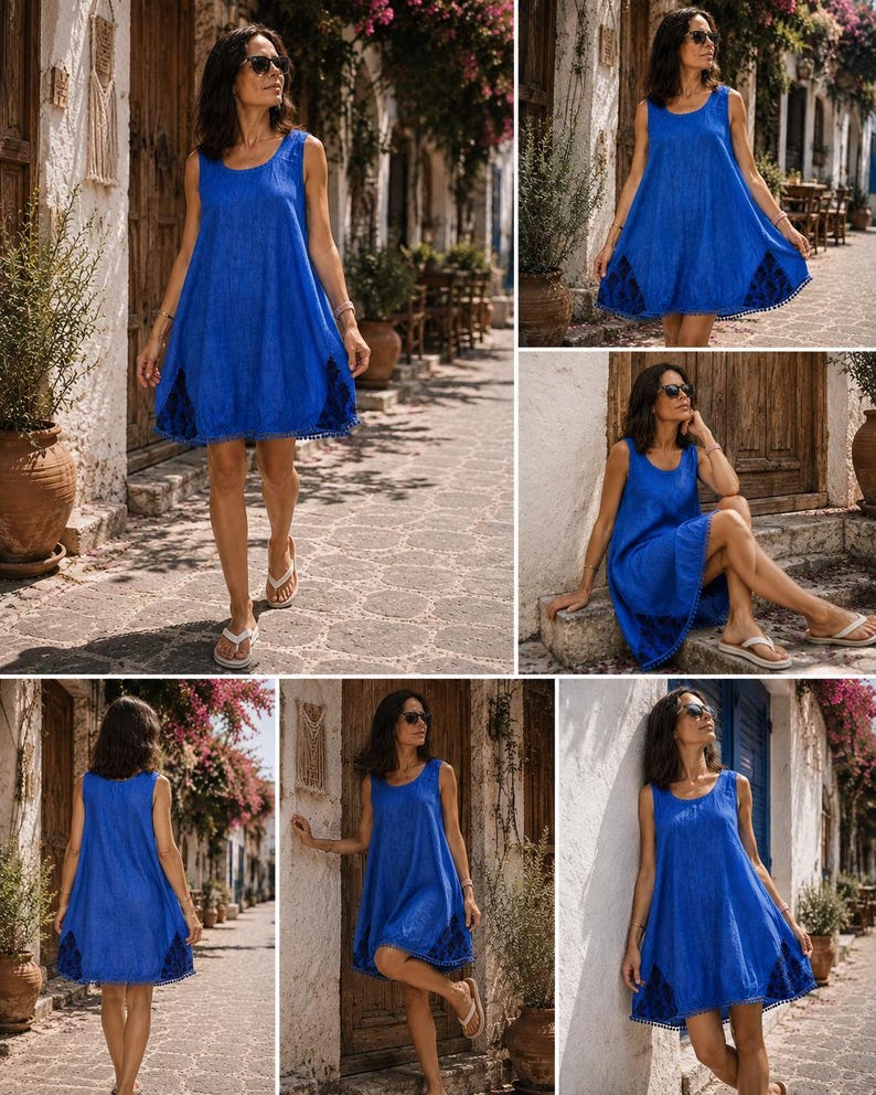 May include: A sleeveless royal blue mini dress featuring a scoop neckline and a loose, A-line silhouette. The hem is accented with dark blue lace panels and small pom-pom trim detailing along the bottom edge, creating a textured finish.