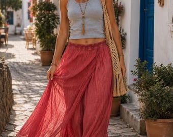 Boho Light Weight Cotton  Casual Pants  Women's Summer Trousers Green and Blue