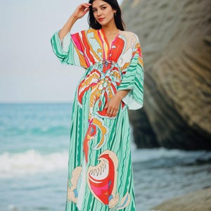 Boho Beach Kaftan Dress – Flowy Maxi Cover Up with Tropical Print | Vibrant Resort Wear for Summer, Vacations, & Poolside Glam