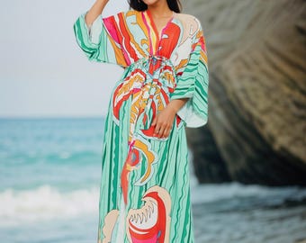 Boho Beach Kaftan Dress – Flowy Maxi Cover Up with Tropical Print | Vibrant Resort Wear for Summer, Vacations, & Poolside Glam