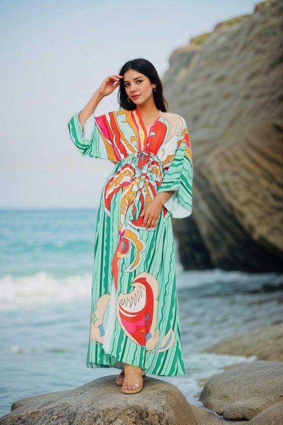 Boho Beach Kaftan Dress – Flowy Maxi Cover up With Tropical Print | Vibrant  Resort Wear for Summer