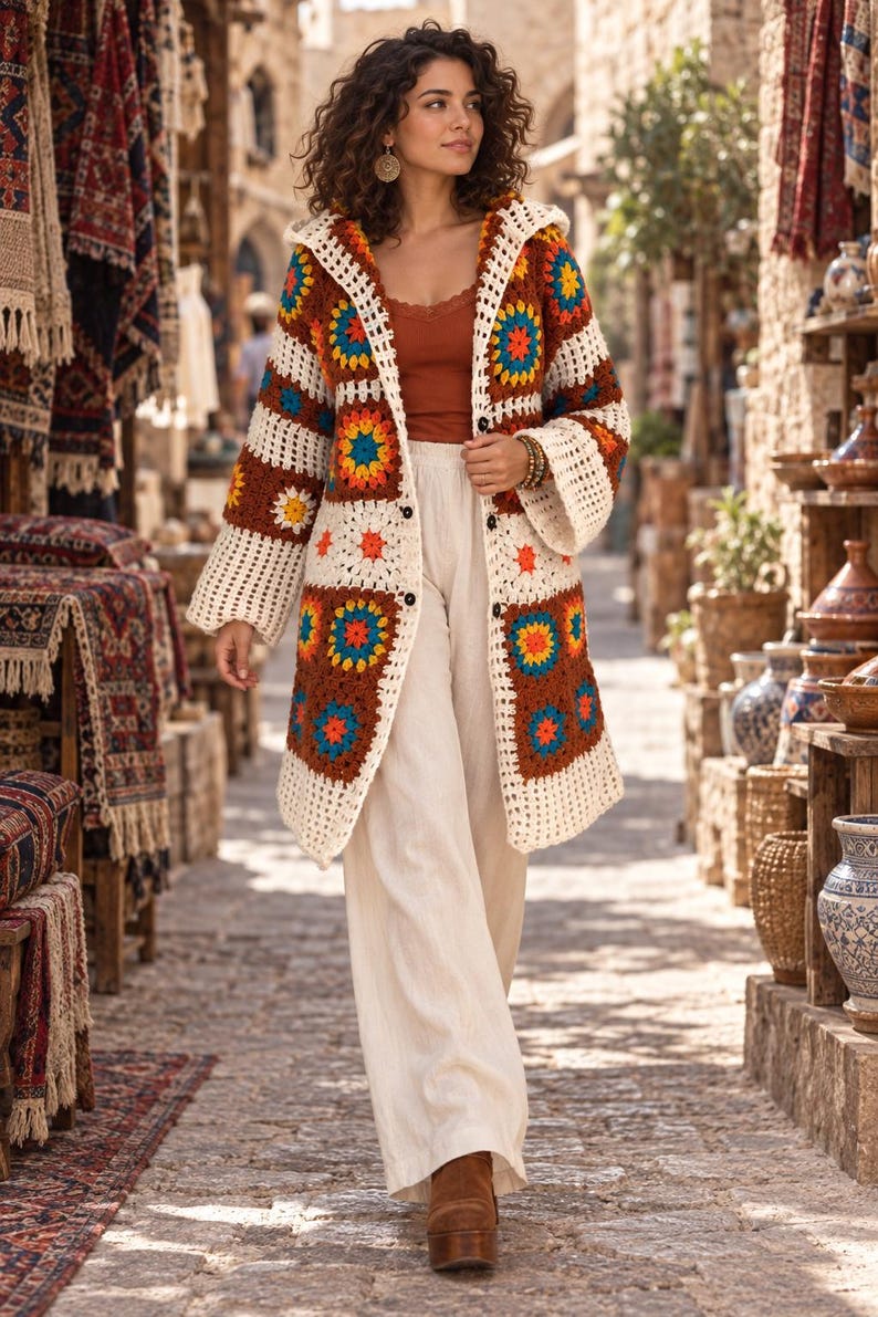 Crochet Clothing Handmade Knitwear Boho Cardigan for Women Plus size coat warm open front bohemian sweater jacket Sister gift image 2