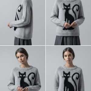 May include: A light gray sweater featuring a black cat design. The cat is depicted in a sitting pose with a curved tail. The sweater has a crew neck and long sleeves. The cat design is centered on the front of the sweater.