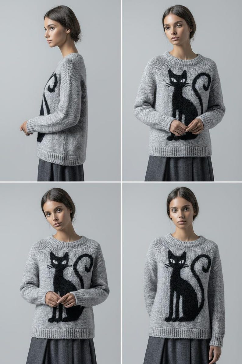 May include: A light gray sweater featuring a black cat design. The cat is depicted in a sitting pose with a curved tail. The sweater has a crew neck and long sleeves. The cat design is centered on the front of the sweater.