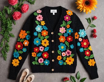 Women Crochet top Custom Made Sweater Black Jacket Coat for Winter Cute Y2k Cardigan Clothing