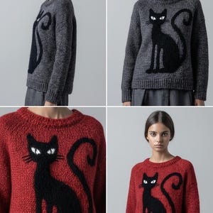 May include: A gray or red knit sweater featuring a black cat design. The cat is depicted in a sitting position with a long tail and white eyes. The sweater has a crew neck and long sleeves, suitable for fall or winter.