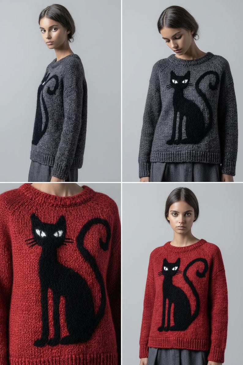 May include: A gray or red knit sweater featuring a black cat design. The cat is depicted in a sitting position with a long tail and white eyes. The sweater has a crew neck and long sleeves, suitable for fall or winter.