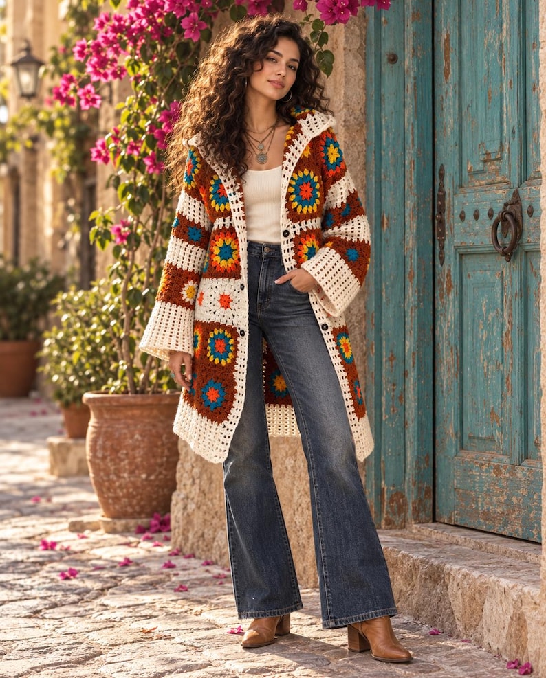 Crochet Clothing Handmade Knitwear Boho Cardigan for Women Plus size coat warm open front bohemian sweater jacket Sister gift image 4