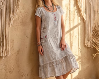 Women's  Cotton Dress – Natural Washed Beach Dress – Handmade Summer  Lace & Embroidery dress  Bohemian Eco Dress