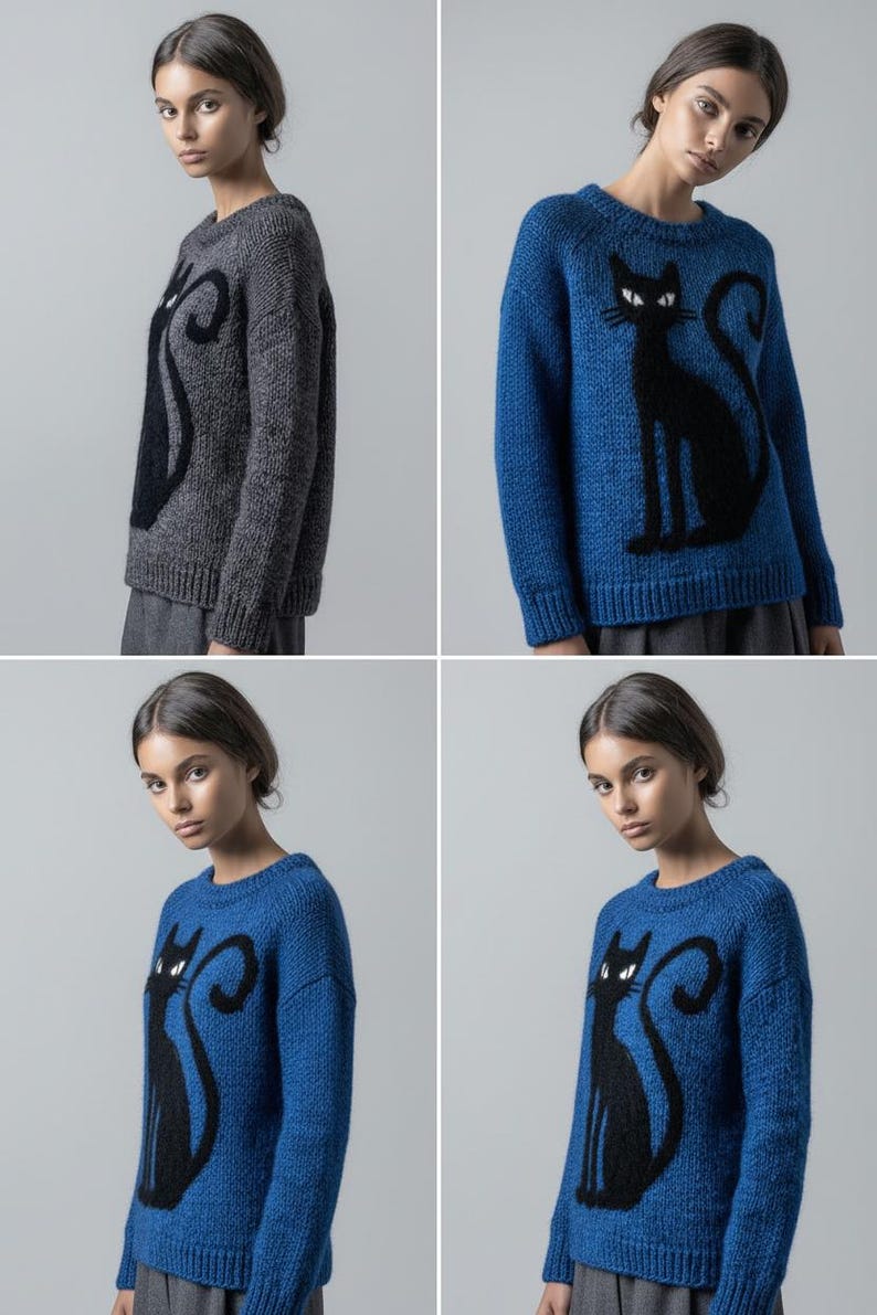May include: A collection of four images showcasing a knitted sweater with a black cat design. The sweaters are either a dark gray or a vibrant blue. The cat silhouette is prominently displayed on the front of the sweater, with a curled tail and pointed ears. The sweater has a crew neck and long sleeves.