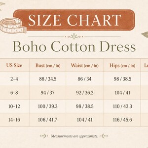 May include: A size chart for a Boho Cotton Dress featuring a table with columns for size, US size, bust, waist, hips, and length in centimeters and inches. The chart includes rows for sizes S, M, L, and XL with specific numerical values.