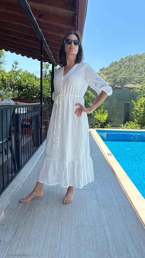 French Cotton Eyelet Maxi Dress Lined White Summer Dress Boho Resort Dress