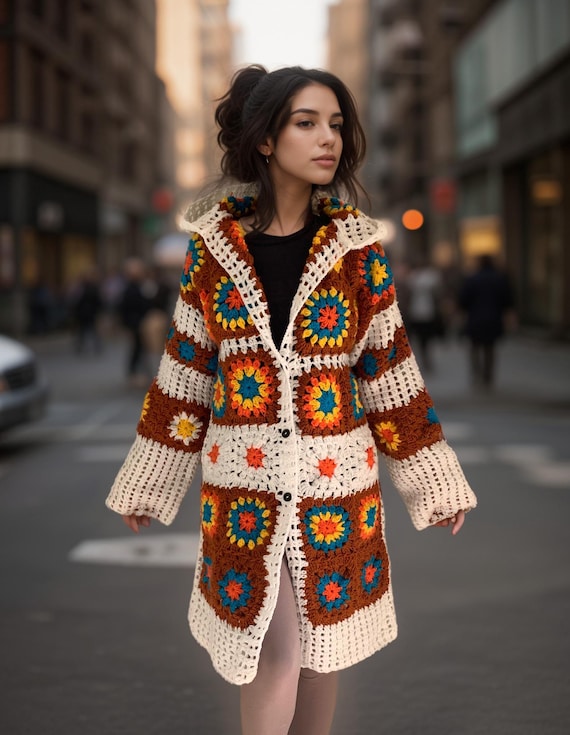 Crochet Clothing Handmade Knitwear Boho Cardigan for Women Plus size coat warm open front bohemian sweater jacket Sister gift