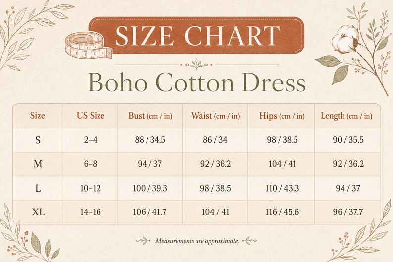 Puede incluir: Una tabla de tallas para un vestido de algod&oacute;n con fondo beige y texto marr&oacute;n. La tabla enumera las tallas S, M, L y XL con las tallas estadounidenses correspondientes, adem&aacute;s de medidas de busto, cintura, cadera y largo en cent&iacute;metros y pulgadas. Ilustraciones florales decoran las esquinas.
