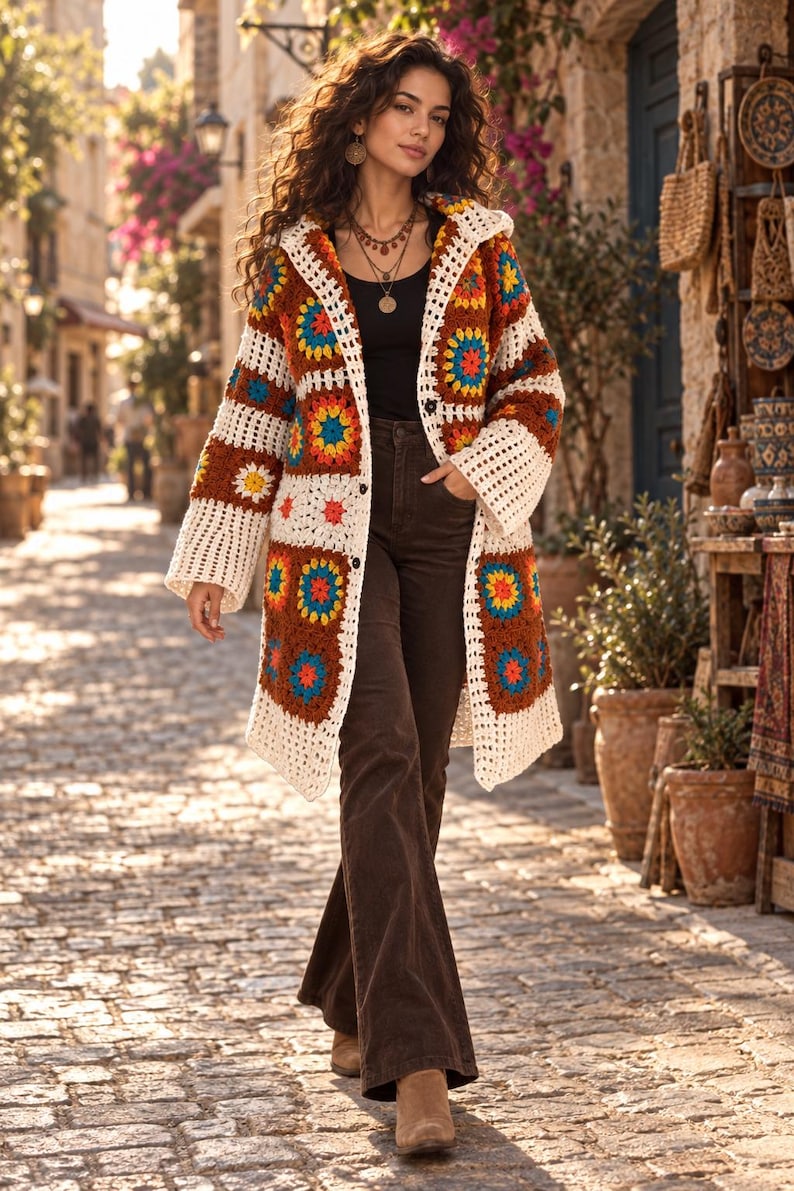 Crochet Clothing Handmade Knitwear Boho Cardigan for Women Plus size coat warm open front bohemian sweater jacket Sister gift image 1