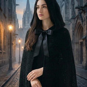 May include: A black hooded cape with a large bow at the neckline. The cape is made of a textured knit fabric. The background shows a cobblestone street with buildings and streetlights.