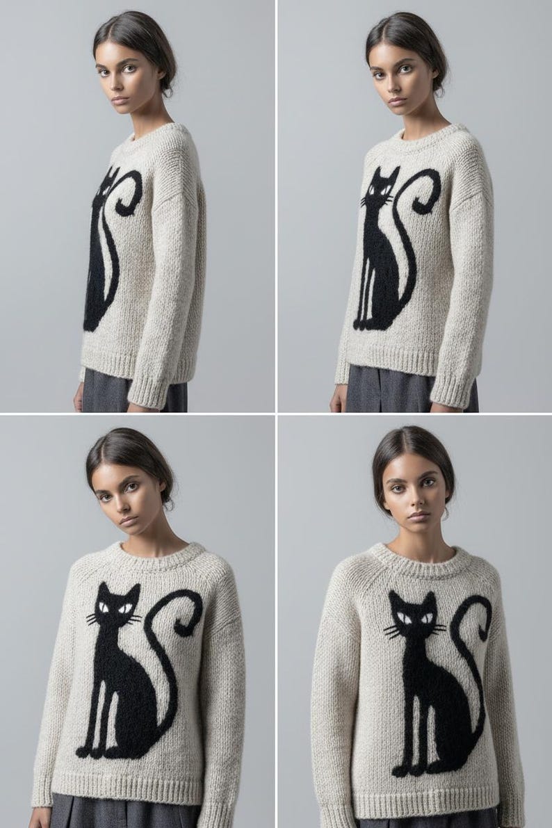 May include: A cream-colored sweater featuring a large black cat design. The cat is depicted in a stylized, seated pose with a curved tail. The sweater has a crew neck and long sleeves, suitable for cooler weather.